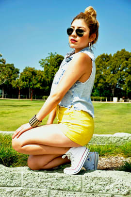Yellow Shorts: Forever 21 | Denim Vest: Forever 21 | Bandeau: Urban Outfitters Shoes: Classic Converse | Sunglasses: Ray Ban | Bracelet Cuff: Vintage 