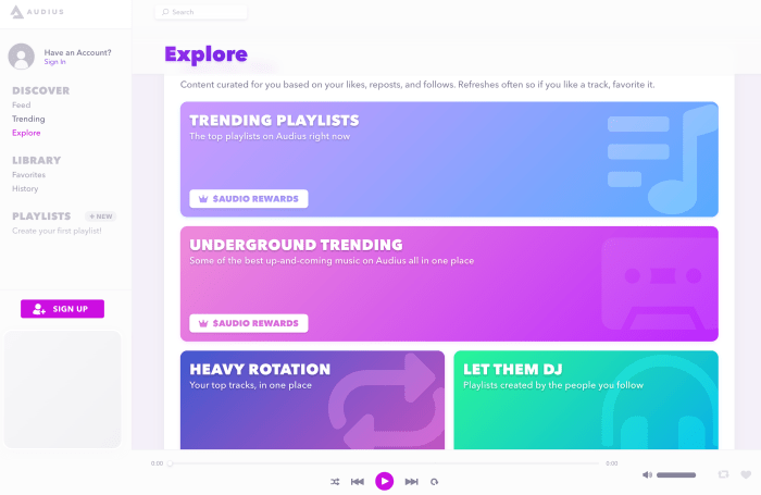Audius "Explore" Streaming Interface