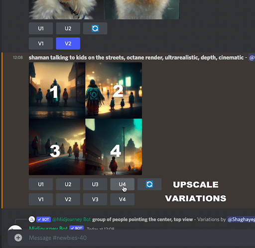 After the first result, you can choose to upscale the artwork you liked most or even request more changes following that style.