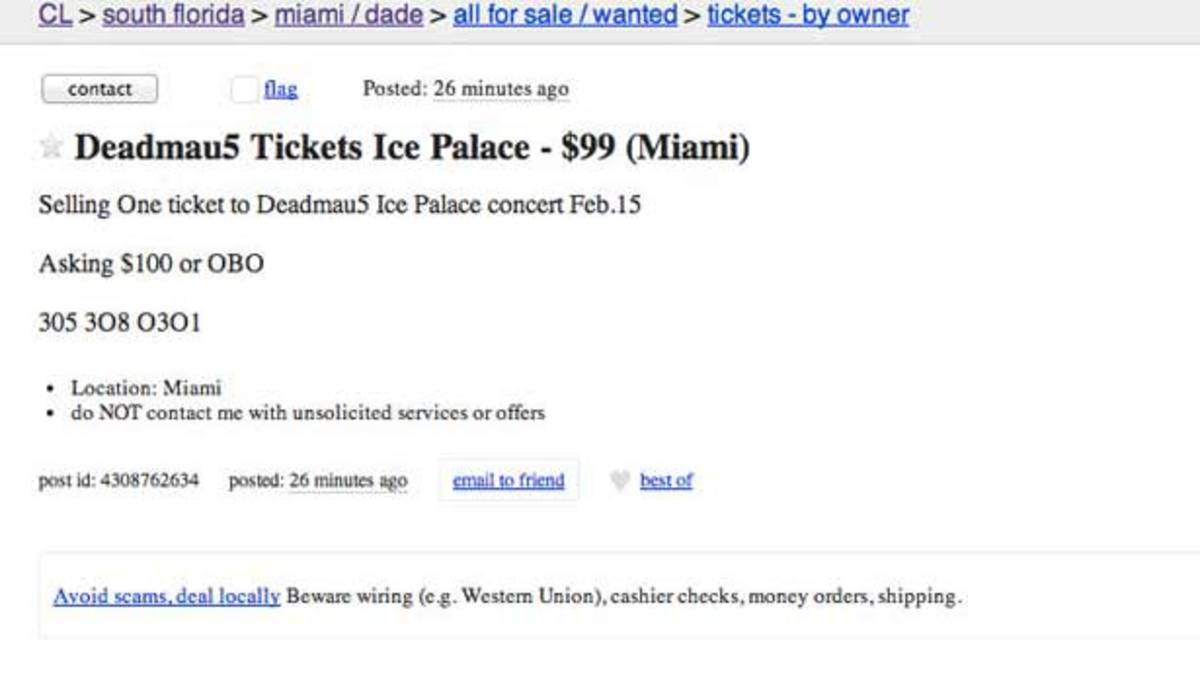 bros in miami trying to sell free deadmau5 tickets on craigslist for