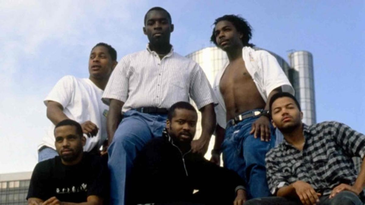 Left to right in the back: Derrick May, Kevin Saunderson, Blake Baxter. Left to right in the foreground: Eddie Fowlkes, Juan Atkins, Santonio Echols