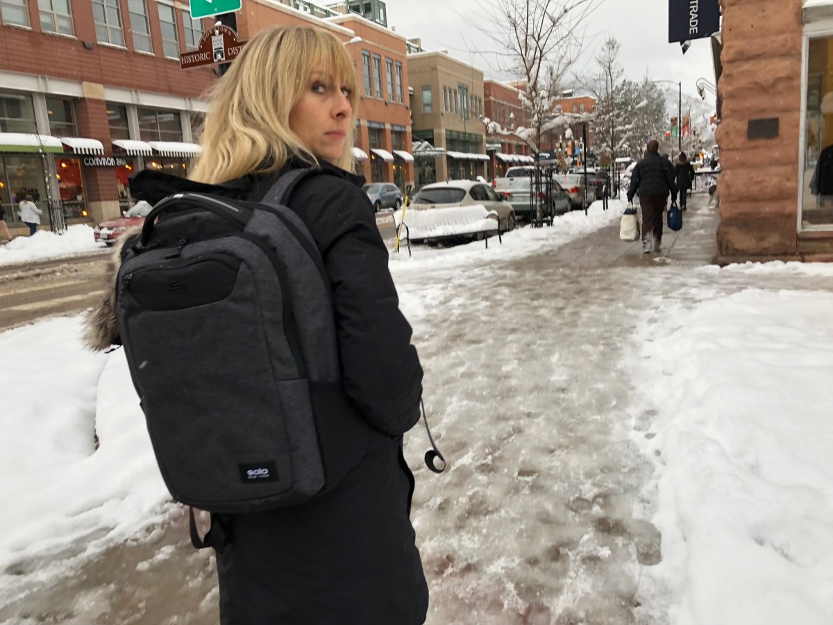 Kristin Mann, Magnetic's newest team member treks through Boulder with her SOLO NYC Navigate Pack $64.99 part of the Urban Nomad collection
