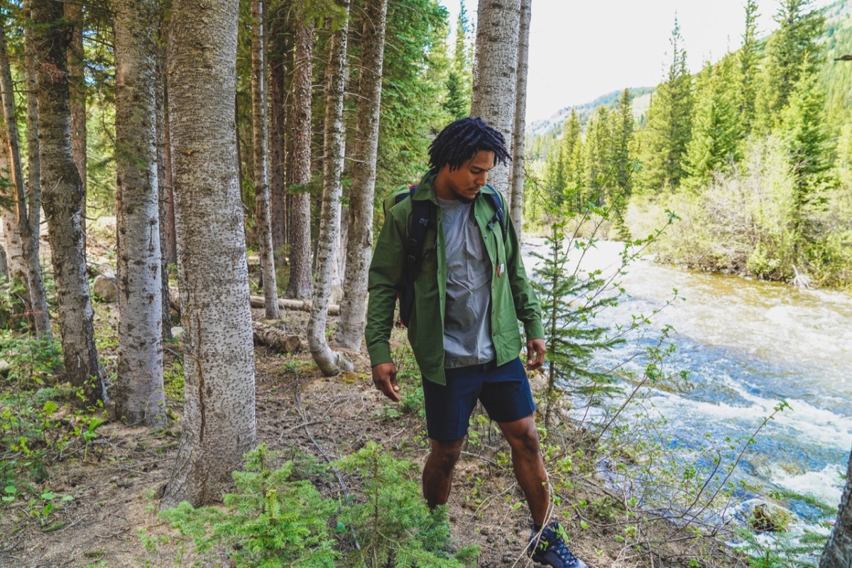 Exploring the waters edge to look for some good fishing spots. Jeff wears Topo Designs Breaker Shirt Jacket $129, Tech Popover, GoLite Shorts, Keen Boots and Topo Designs 40L Travel Bag $229